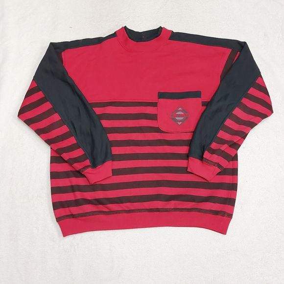 Vintage 90s Express Red & Black Striped Pocket Crewneck Sweatshirt Size Medium - Picture 1 of 7